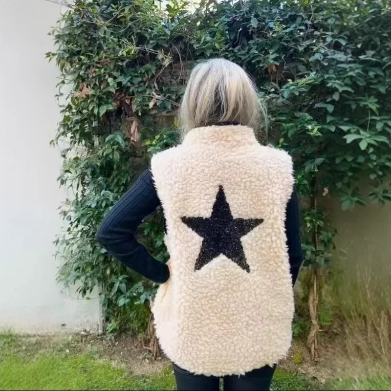 

Короткое плюшевое пальто из искусственного ягненка, белое стильное меховое пальто без рукавов, пушистое жилет из искусственного меха с вышивкой пятиконечной звезды, теплый повседневный топ