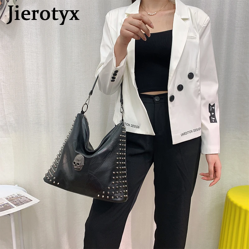 JIEROTYX Vintage Rivet Tote Bags Skull Design Bucket Bag Women Shoulder Bags Soft PU Leather Shopping Large Capacity Gothic