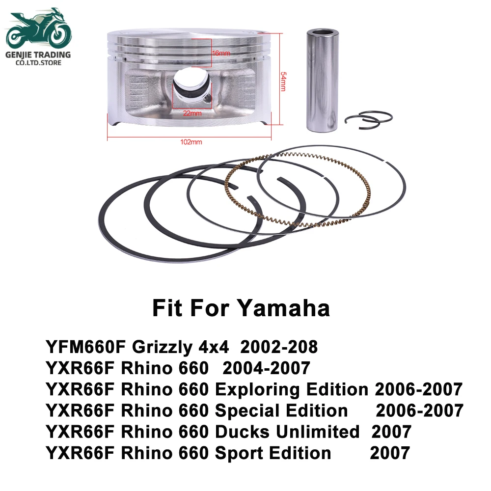 

102mm Motorcycle Piston & Piston Ring Kit for Yamaha YFM660F Grizzly 2002-2008 YXR66F Rhino 660 YXR 66 2006-2007 2C6-11631-00-X0