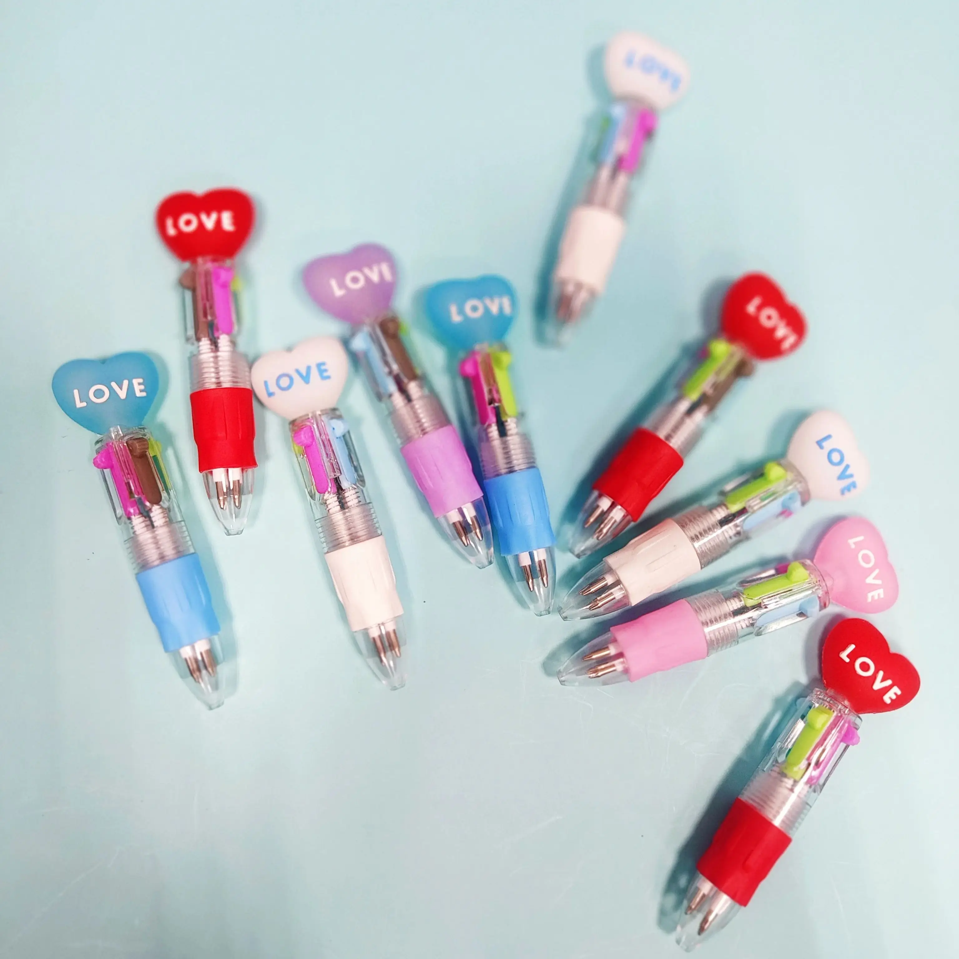 10Pcs/Lot Cute Love Heart Mini 4 Color Ballpoint Pen Kawaii Cartoon Multicolor Writing Pens Kids School Office Stationery Gifts