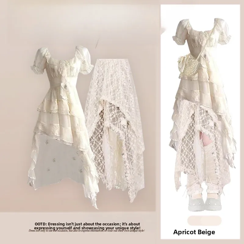 

Летний женский комплект в французском стиле: платье с рукавами-фонариками, кружевом, асимметричным подолом, утягивающее, из двух предметов, повседневное, с коротким рукавом, с завышенной талией