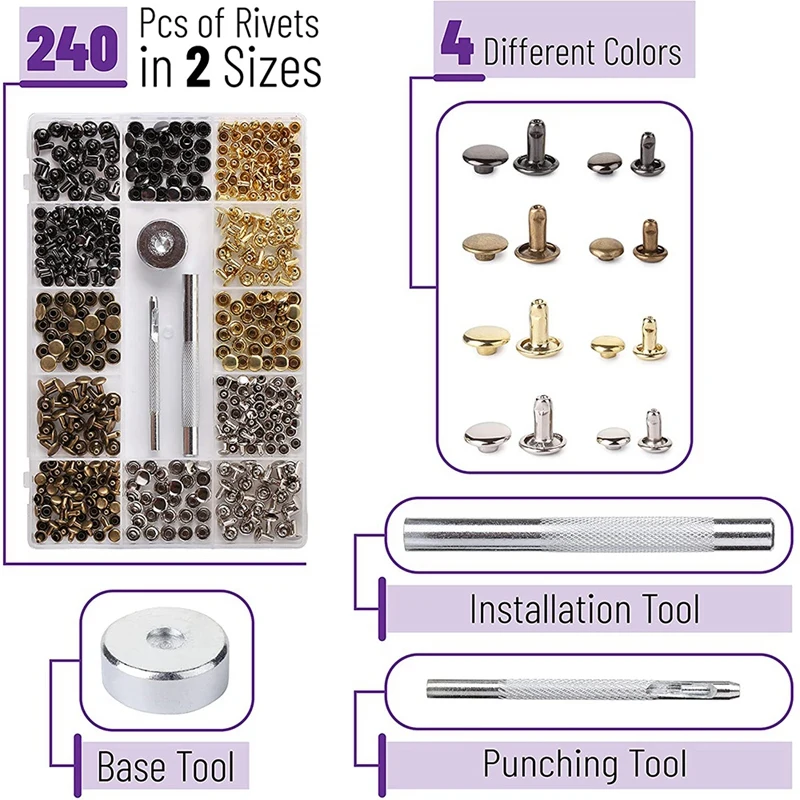 Leather Rivets Kit, 4 Colors,2 Sizes, 240 Pcs,Tubular Metal Studs With Fixing Tools,Double Cap Rivets,Rivets For Leather