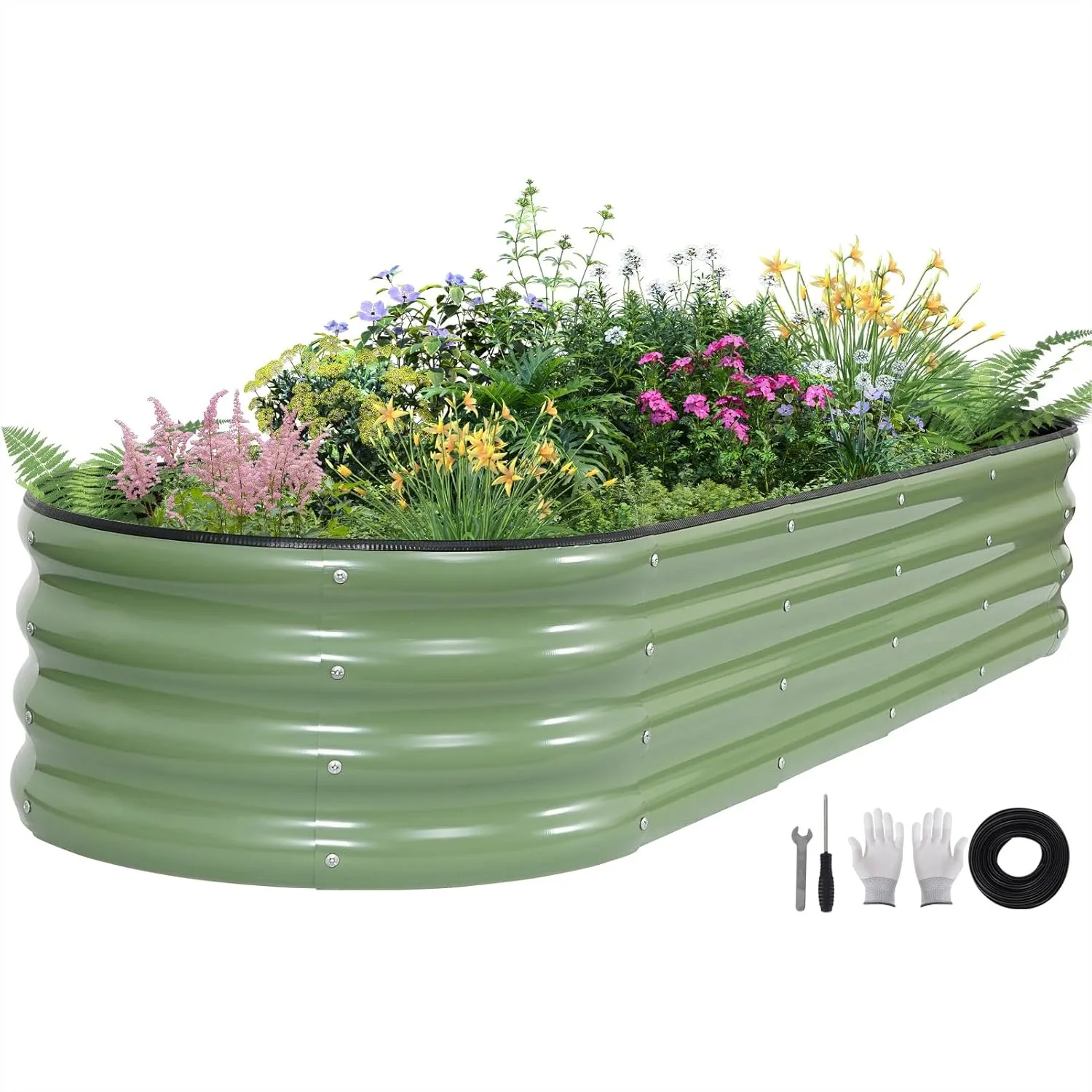 Jardinera Elevada Galvanizada de 6x2x1 pies, Caja de Metal Ovalada para Plantas con Borde de Seguridad y Guantes para Vegetales, Frutas, Flores y Olivos