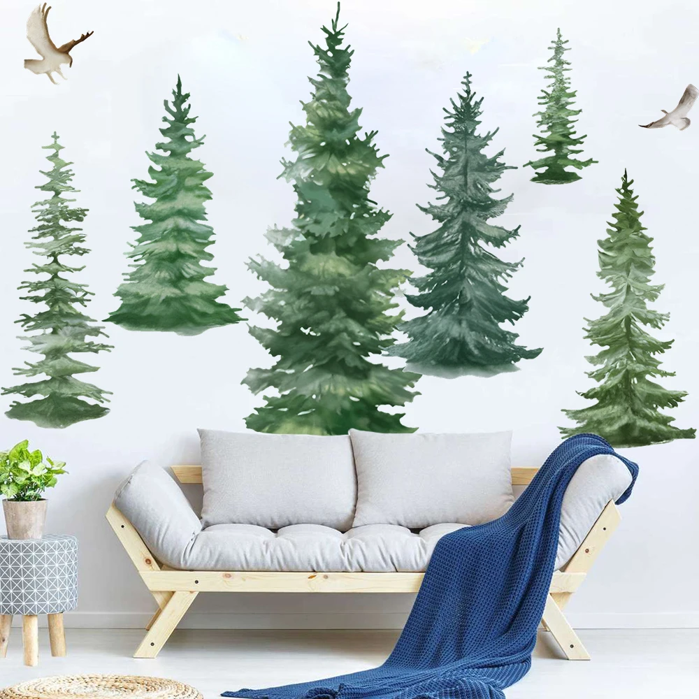 Watercolor Pine Tree Wall Decals  Woodland Tree Wall Stickers Bedroom Living Room Wall Decor