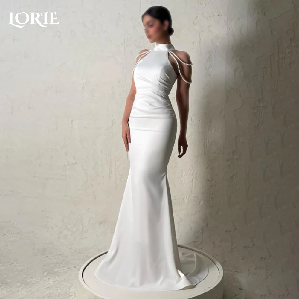 LORIE Halter Mermaid Wedding Dresses Pearls Solid Satin Pleats Sweep Train Bridal Gowns Vintage Customized Bride Dress Party