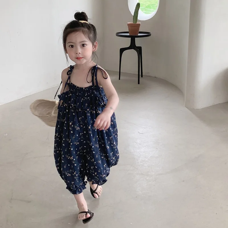 Girls Summer Casual Floral Cotton Overall Pant Holiday Style Baby Kids Children Jumpsuit Trousers 3-8Years Children Bodysuit