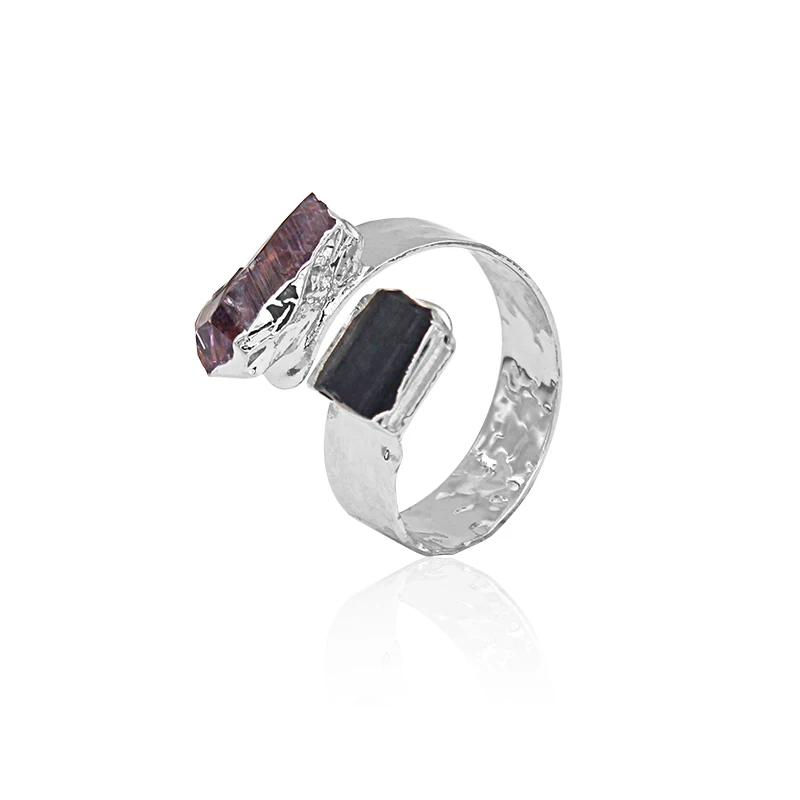 Irregular Purple Crystal Amethyst Open Ring for Women Girls Silver-color Boho Black Tourmaline Finger Jewelry Resizable