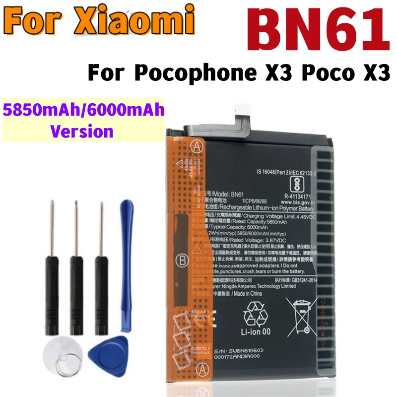 BN61 5850mAh Phone Battery For Pocophone X3 Poco X3 6000mAh BN61 Replacement Battery + Tools