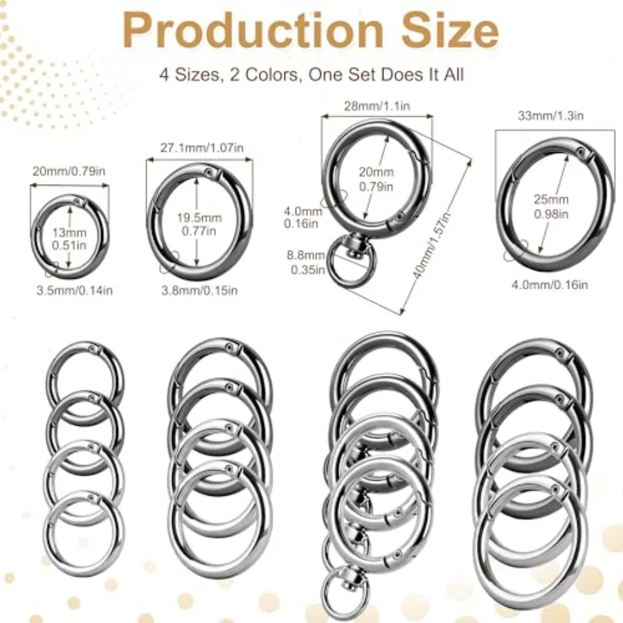 16PCS Round Carabiner Clip Set, Spring O Ring Keychain Clips in 4 Sizes Black and Silver, Quick Release Snap Hooks for Purse St