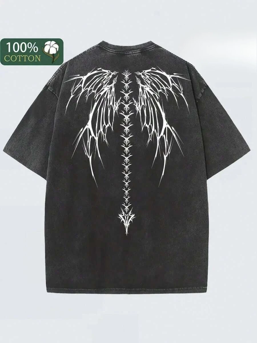 Black Vintage Washed Batik Cotton Oversized T-Shirt, White Gothic Wings Back Print Unisex Soft Loose Comfort Streetwear Graphic Tee