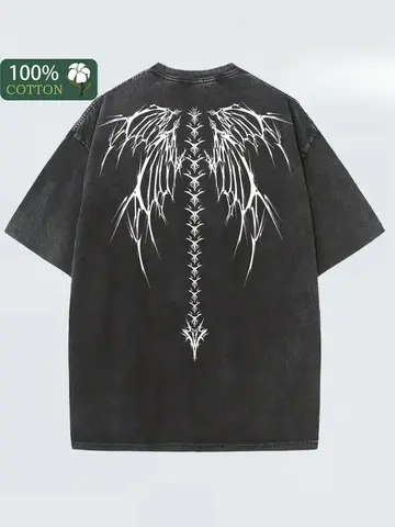 Black Vintage Washed Batik Cotton Oversized T-Shirt, White Gothic Wings Back Print Unisex Soft Loose Comfort Streetwear Graphic Tee