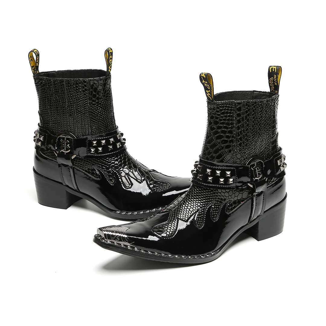 Schwarze Herren-Stiefeletten aus Schlangenleder mit Nietenbesatz, Blockabsatz, auffälliges Design, modische Schuhe für Bars, Bühnen, Streetwear und besondere Anlässe. – Detail 7