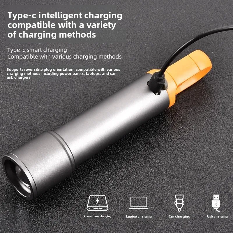 Lanterna multifuncional portátil LED externa de alta potência: tipo C recarregável, corpo em liga de alumínio, com gancho traseiro