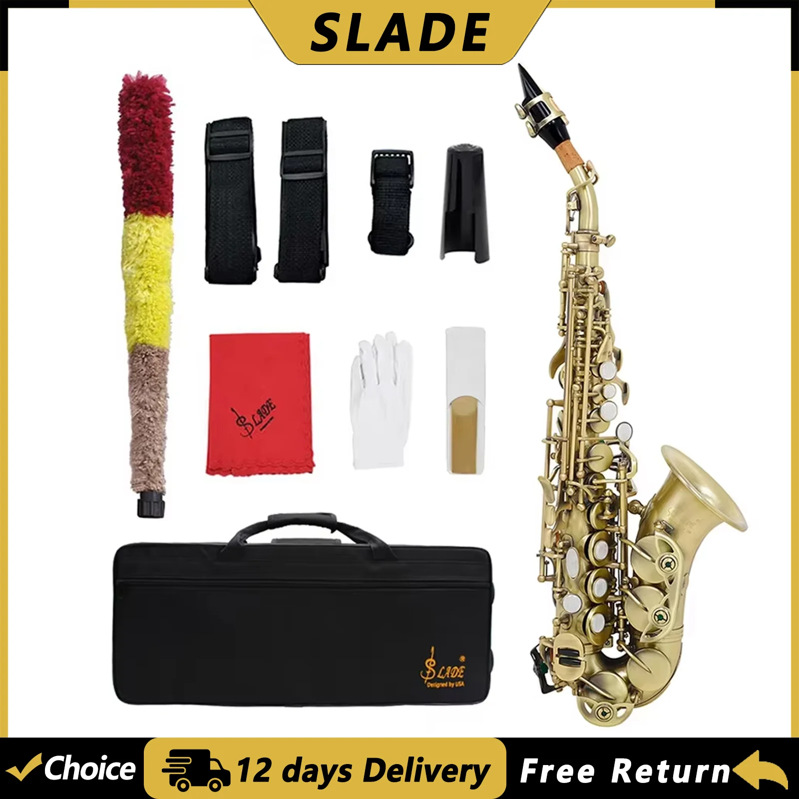 SLADE S94 Soprano Saxophone Brass Body Sax Cyan Antique Bb Saxofone Woodwind Instrument with Case Reeds Gloves Parts Accessories