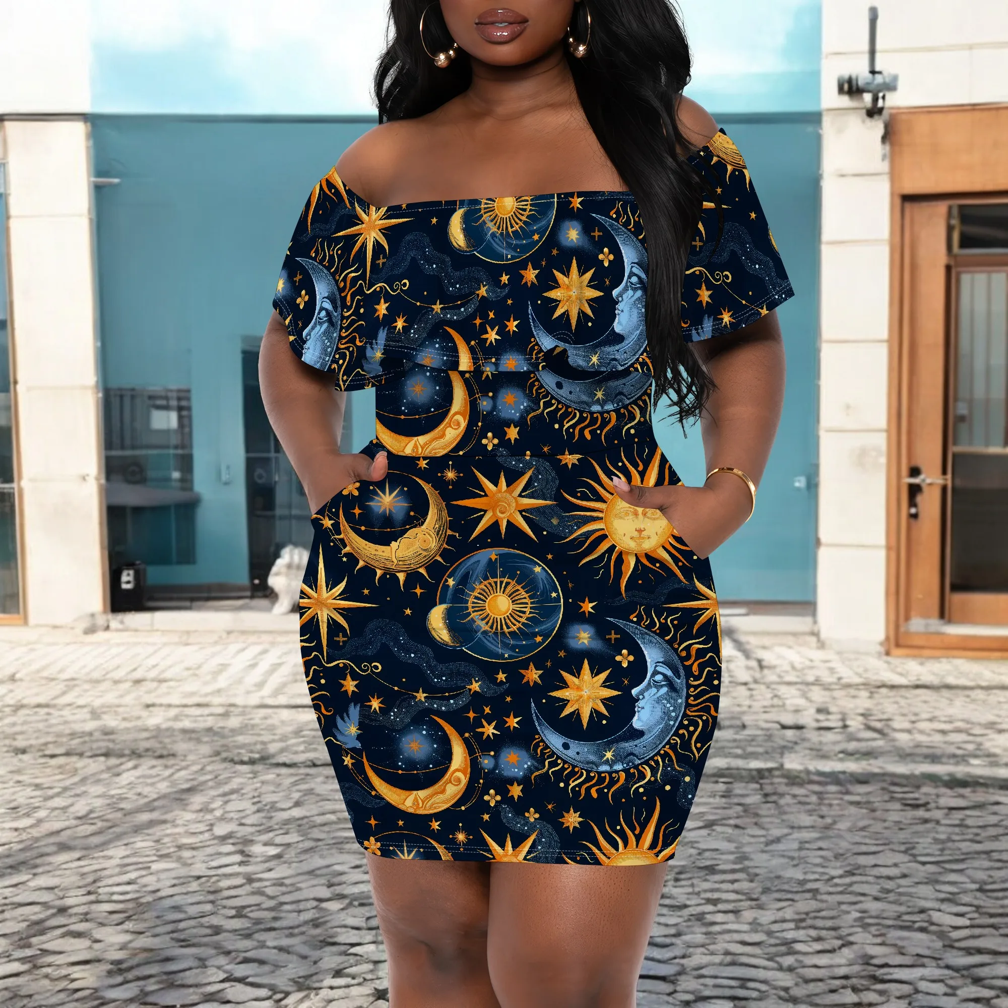 Vintage Celestial Art Print Off Shoulder Dress Plus Size S-3XL Women's Moon Sun Stars Boho Party Midi