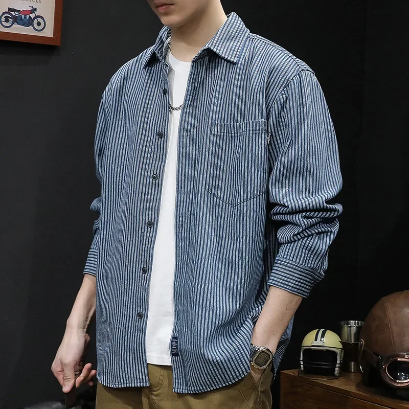 Spring Autumn Striped Shirt Men's Non Ironing Long Sleeve Shirt Casual Loose Denim Jacket Elegant Social Shirts for Men Korean