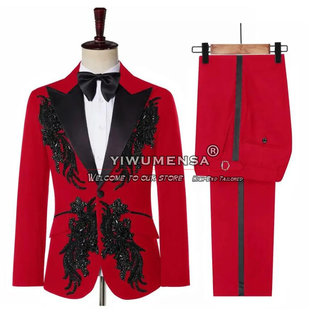 Luxury Red Men\'s Suit For Wedding Black Crystals Beaded Appliques Jacket Pants 2 Pieces Groom Man Tuxedo Plus Size Costume Homme