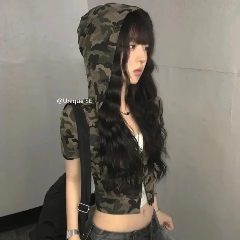 American Retro Camouflage Zipper Sexy Slim Short-sleeved T-shirt Women 2025 Summer New Streetwear Casual Hooded Crop Tops