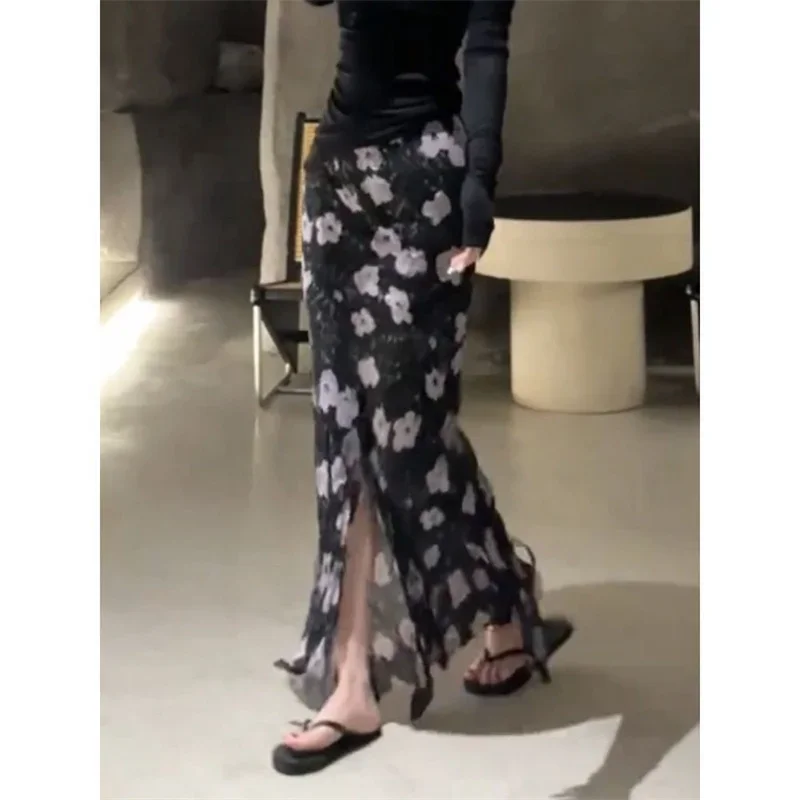 جديد الصيف الفرنسية طويلة حورية البحر تنورة المرأة خمر الأزهار طباعة عالية الخصر عادية سبليت Bodycon تنورات الرصاص عطلة ملابس الشاطئ