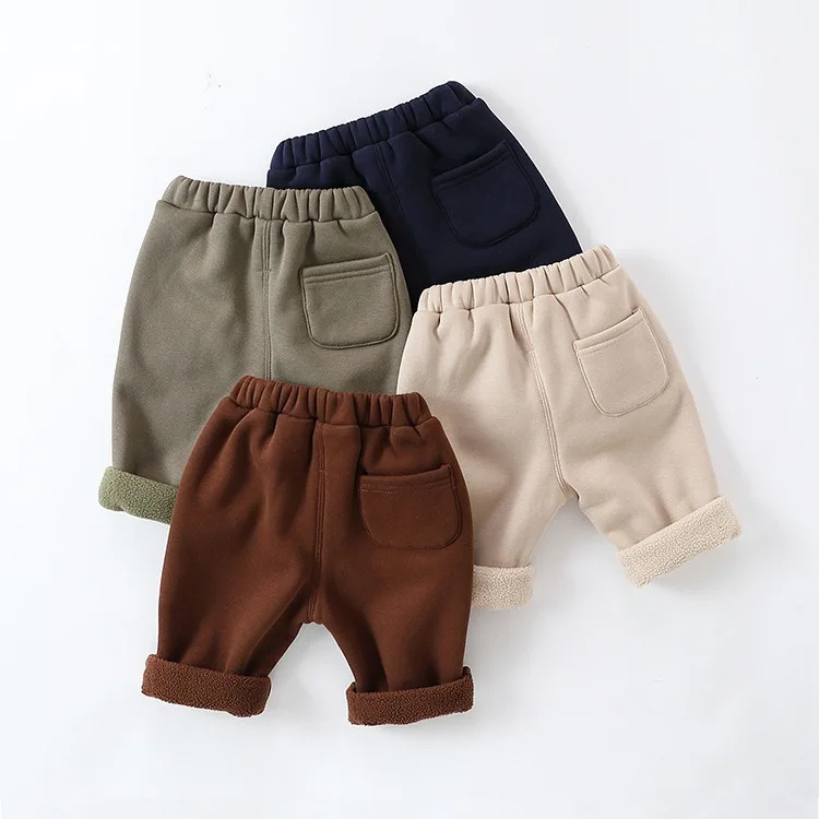 Autumn Winter Outdoor Ins Newborn Boys Pants Solid Plush Elastic Waist Thinken Cotton Infan Boys Pants Straight Baby Boys Pants