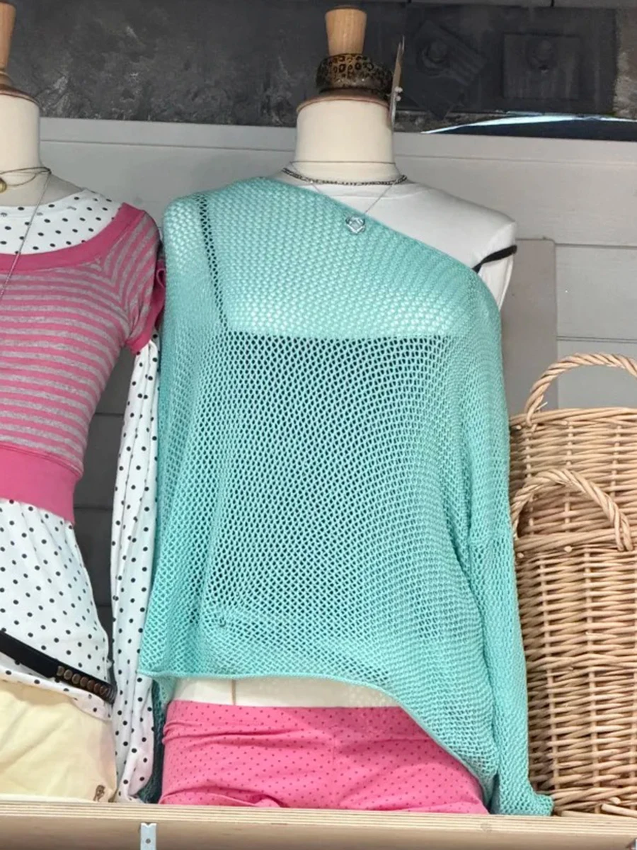 Hollow Out Mint Green Smock Tees Women Fashion Sexy Casual Cotton Slash Neck Thin Crop Tops Vintage Chic Simple T-shirts Y2K New
