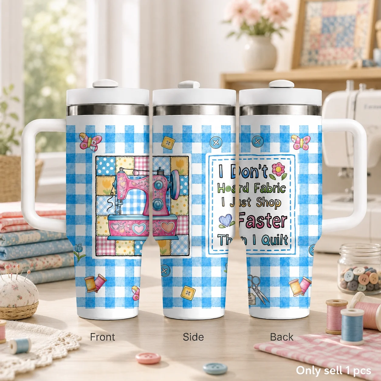 Shop Faster Than I Quilt Vacuum Flasks 40oz Stainless Steel Insulated Tumbler With Handle & Straw Leakproof Travel Mug
