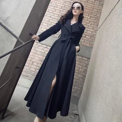 Women's Korean Slim Belt Black Formal Trench Coat, Leisure Long Windbreaker, Female Outwear, Spring, Autumn, New, 2023