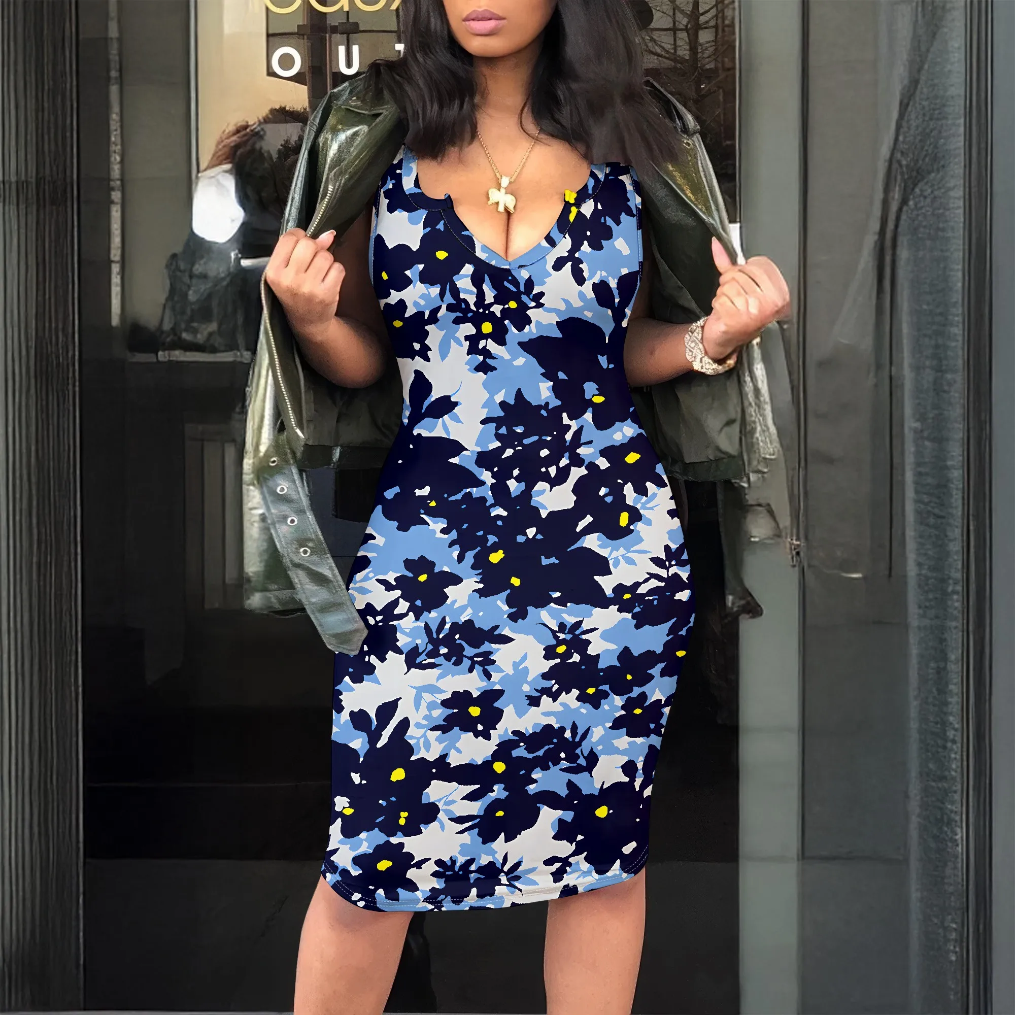 

Floral V-Neck Sleeveless Bodycon Dress, Blue Print Midi Dress, Summer Party Outfit, Casual Vacation Wear, S-2XL