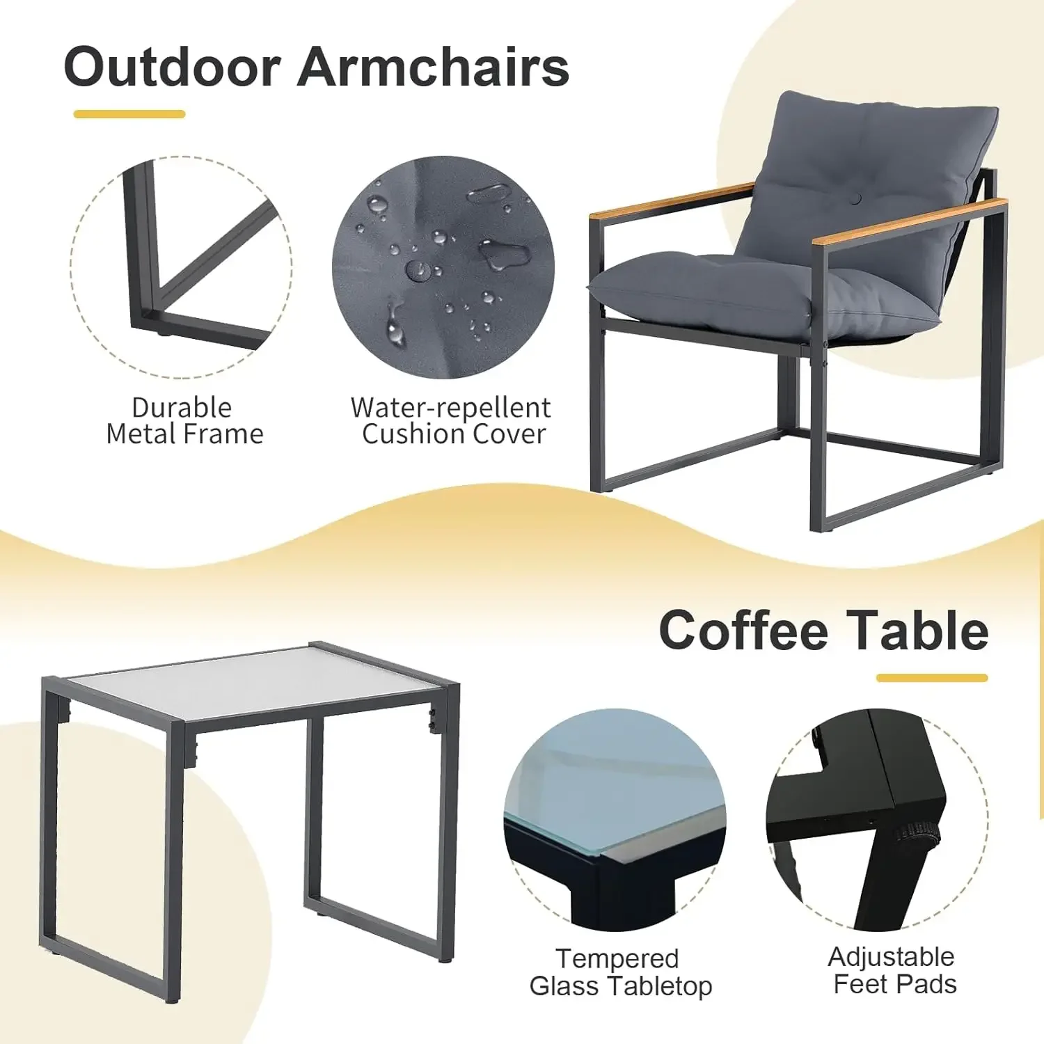 Ensemble de meubles de patio 3 pièces, chaises de porche extérieur, ensemble de 2, meubles de balcon pour appartement avec chaises et table, épais inclus