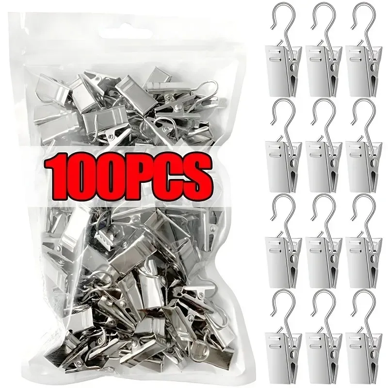 100Pcs Mini Metal Curtain Clips with Hook Stainless Steel Solid Iron Drapery Hook Enduring Home Window Accessories Home Decor