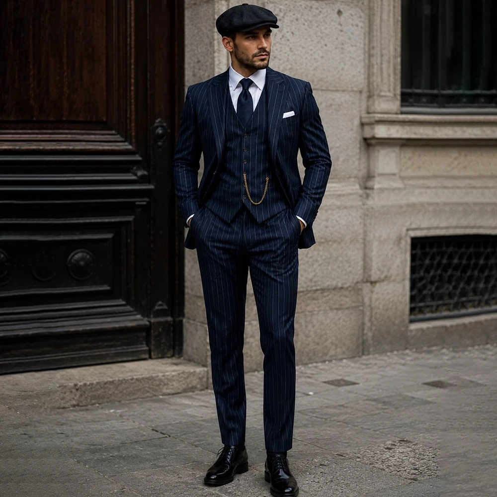 Dapper Men Blue Pinstripe 3 Pieces Suit Notch Lapel Jacket Vest Pants Set Custom Retro Male Wedding Tuxedo Formal Evening Outfit
