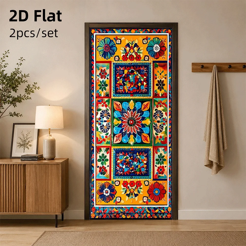 1 piece of Chinese ethnic style floral door sticker waterproof self-adhesive removable colored patterned wall sticker 2D flat
