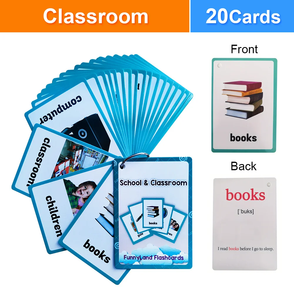 Classroom Stationery Vocabulary Learning Cards Pocket-Sized Early Language Development School Object English Words Flash Cards