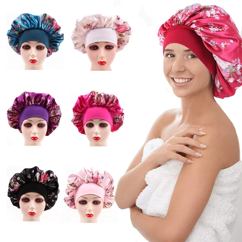 2Pcs Hair Bonnet For Sleeping Flower Printing Satin Bonnet For Black Women Pink Night Sleep Cap For Braids Chinese Style Wig Hat