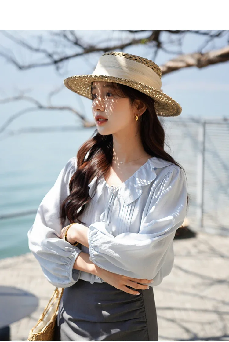 Elegant V-Neck Ruffle Blouse for Women – Chic Pleated Lantern Sleeve Shirt, Loose-Fit Summer Office Casual Top with Tie Neck