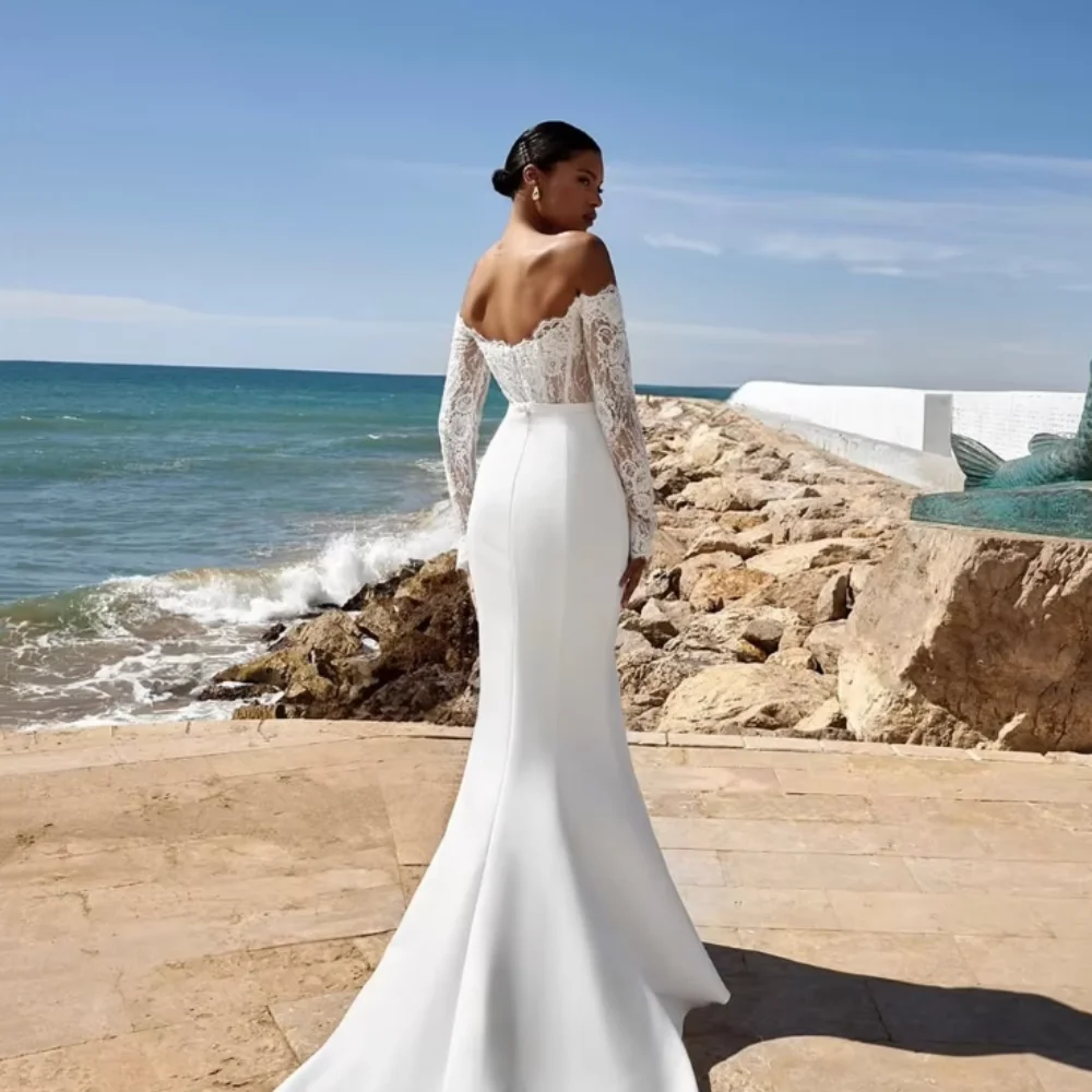 カスタマイズされたボヘミアンレースのウェディングドレス、マーメイドオフショルダー、スプリット、花嫁用ローブ、スイートハート、ブライダルガウン、ベスティドス・デ・ノイバ