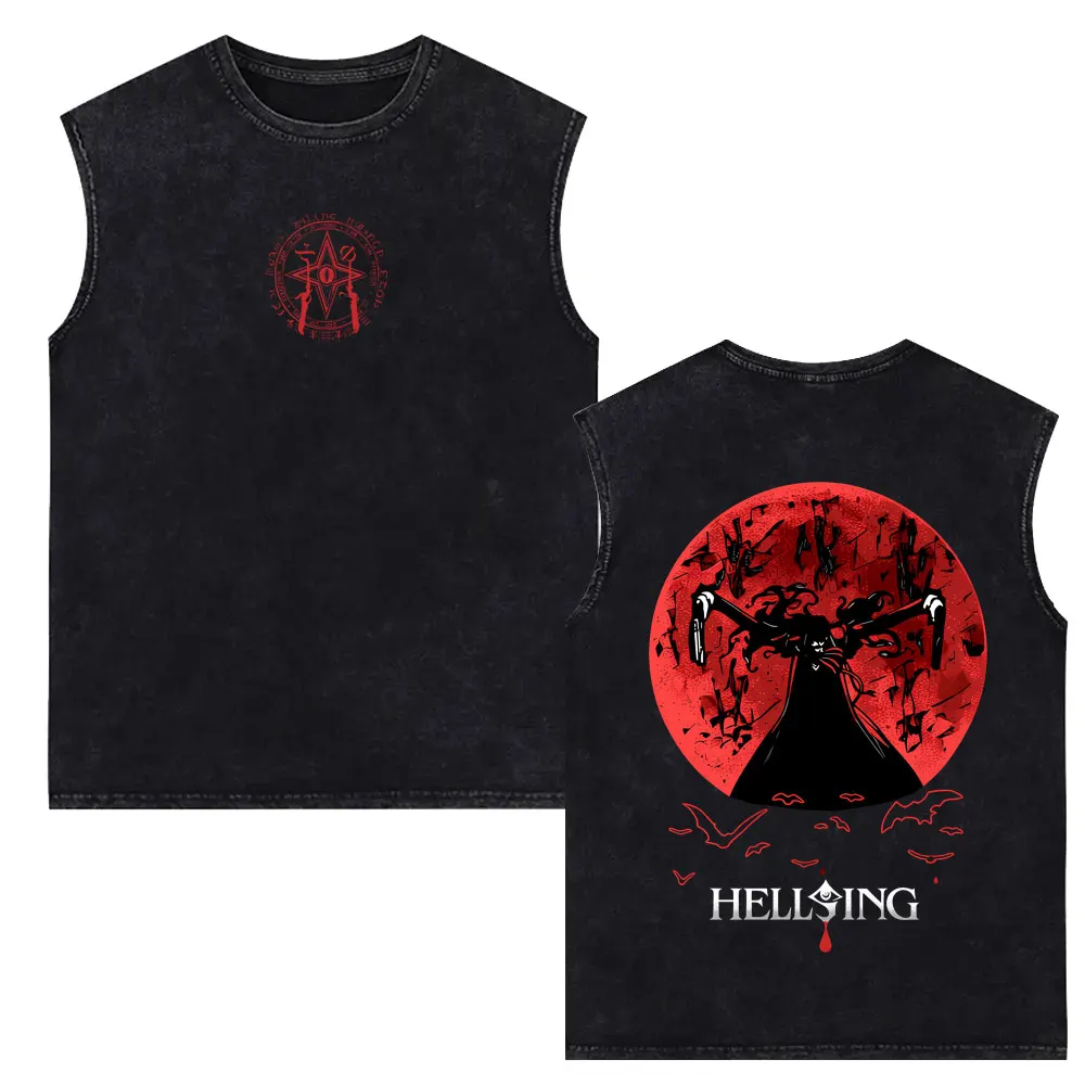 Anime Hellsing Vampire Alucard Face Vintage Washed Tank Tops Men Women Retro Manga Oversized Sleeveless Vest Male Casual T-shirt