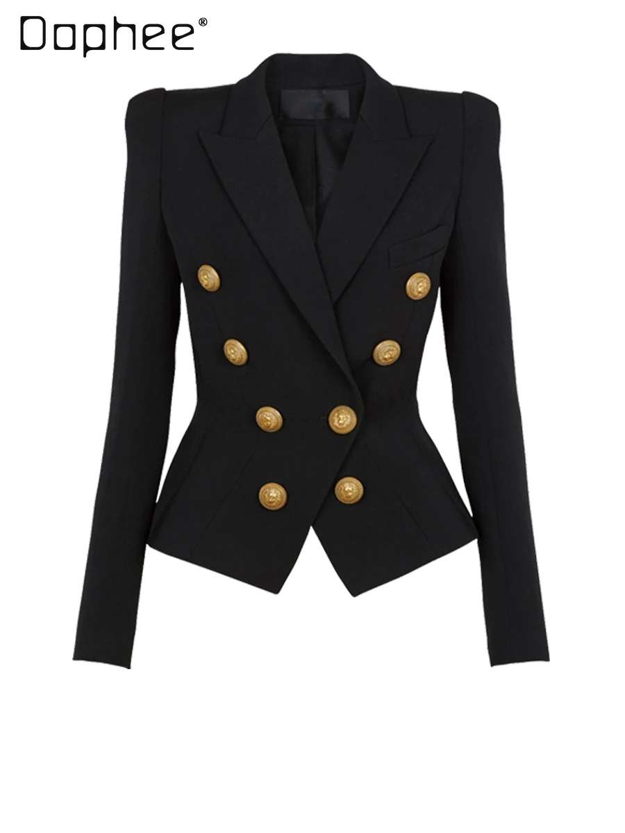 Commuter Style Fashion Slim Cross-neck Blazer Women 2025 Autumn New Temperament Double-breasted Versatile Classic Black Coats