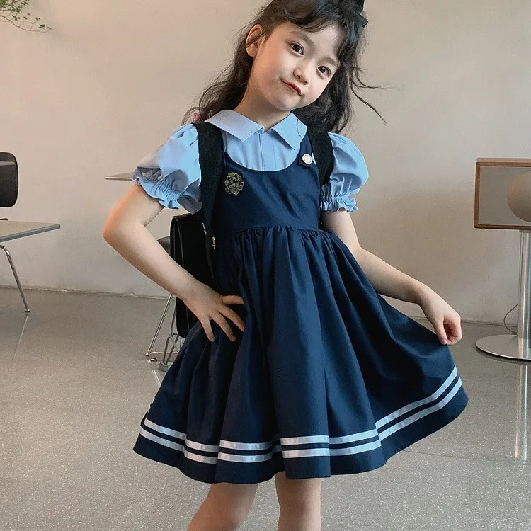 Preppy Style Fake Two  LapelsPuffy SleevesBow Stripes Girl Princess Dress  Girls Clothes 2T-7T Year Kids Wear  Summer Dress