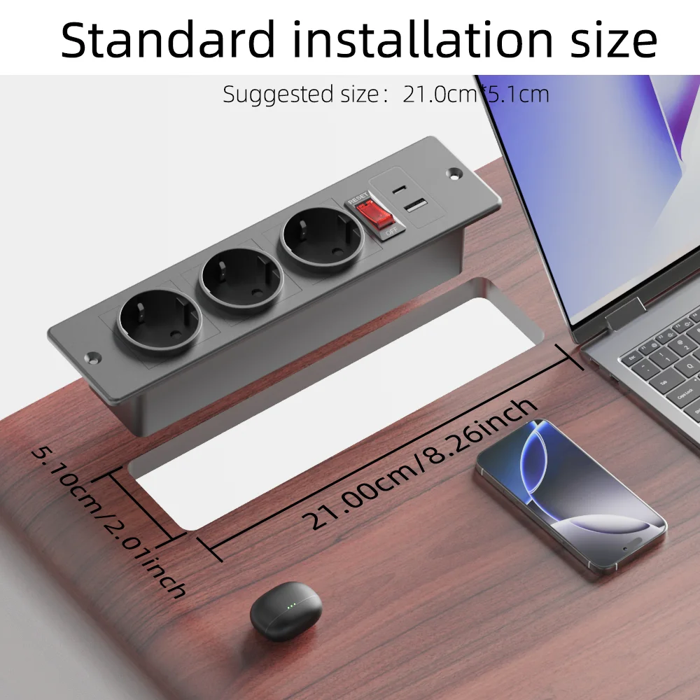 Recessed Power Strip 3 AC Outlets 1 USB-A & 1 Type-C (5V 2.1A) with Switch 1.5M Extension Cord for Bedroom Kitchen Hotel Desktop
