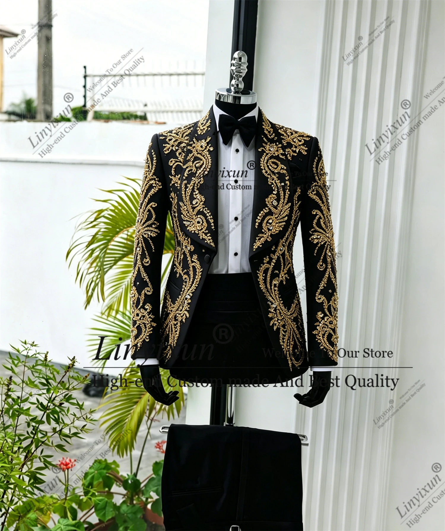 

Luxury Rhinestone Suits Men Slim Fit Single Breasted Jacket Pants 2 Piece Groom Wedding Tuxedos Customized calça masculina