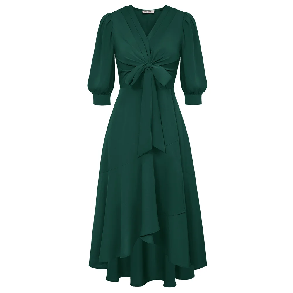 GK Elegant Dresses For Women OL Spring And Summer Wrap Hem Dress 3/4 Sleeve V-Neck Korean Fashion Bow-Knot Decorated Midi Dress