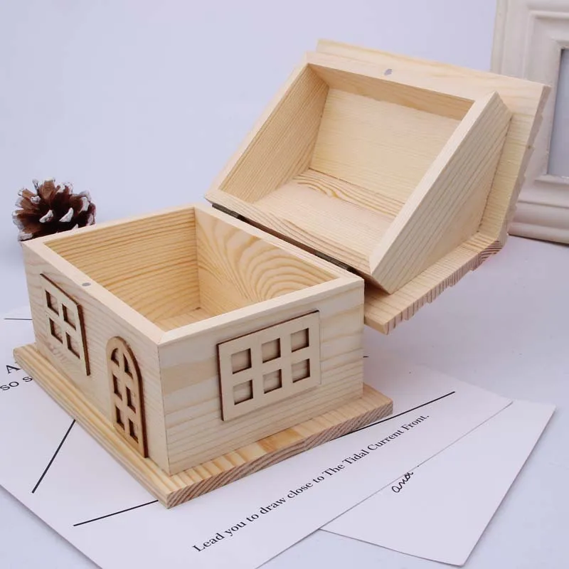 Wisdom Pine Wood House Piggy Bank, Wooden House-Shaped Money Box, Natural Wood Color Storage Box, DIY Creative Storage