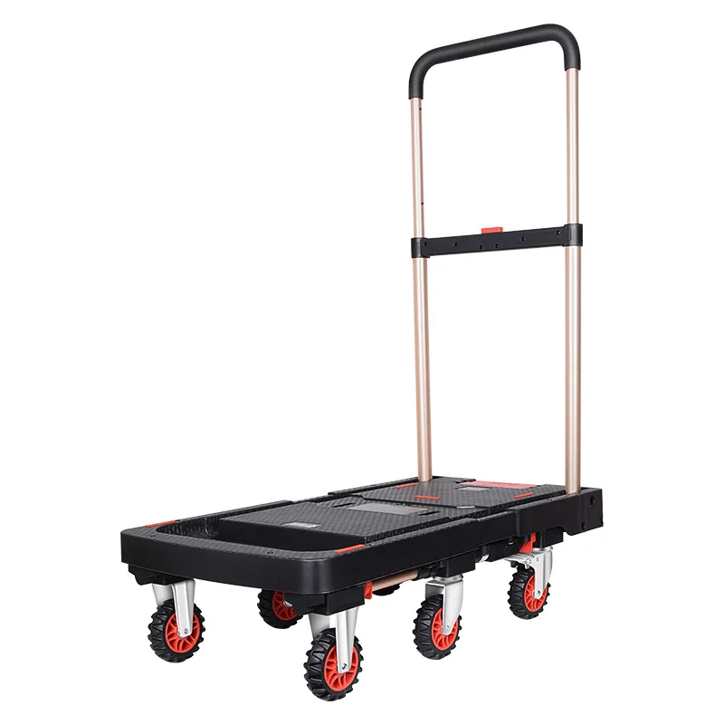 Plastic Platform Handcart Trolley Six-Wheel Foldable Flatbed Industrial Cargo Cart 500kg Load Capacity