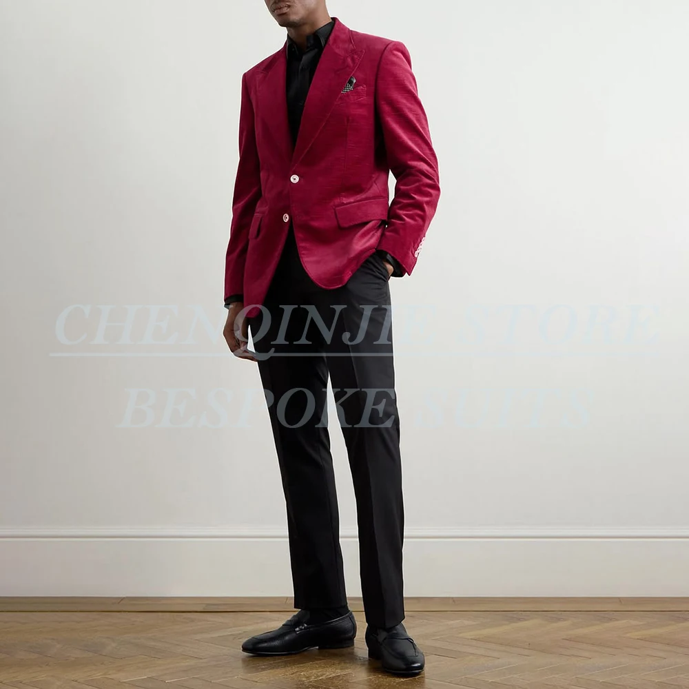 

Slim Fit Men's Suits Fashion Velvet Jacket With Black Pants Sets Customzied Single Breasted Peak Lapel 2 Piece Full Clothing