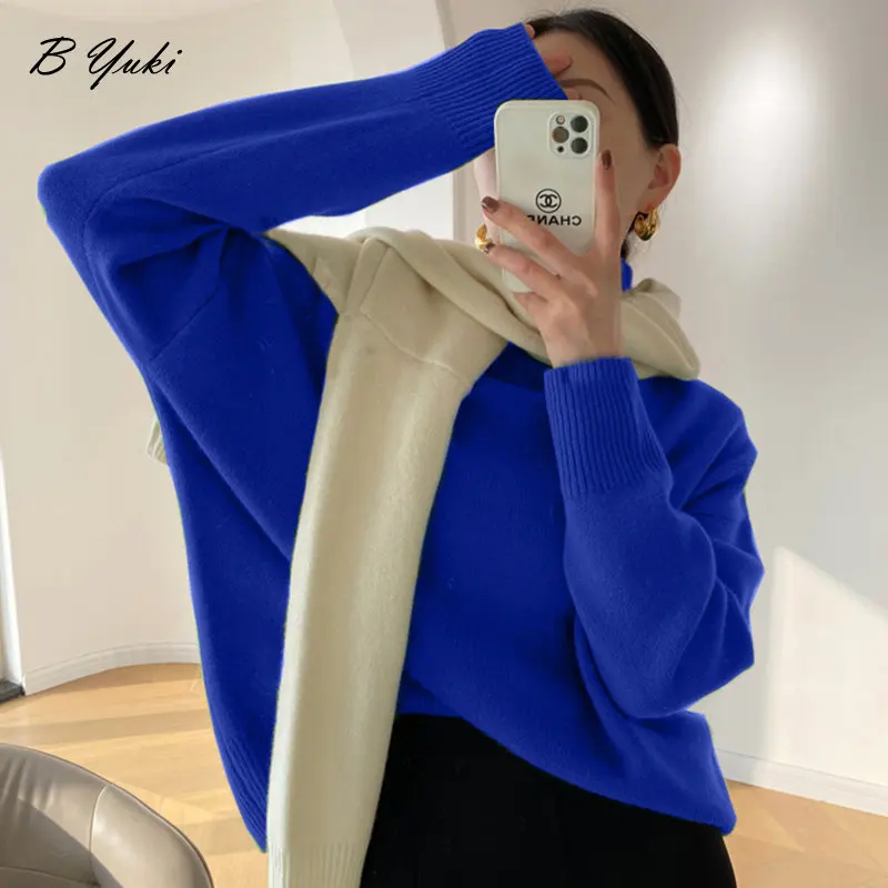 Blessyuki maglione lavorato a maglia a collo alto in Cashmere sciolto donna autunno inverno addensare Pullover di base caldo maglione semplice