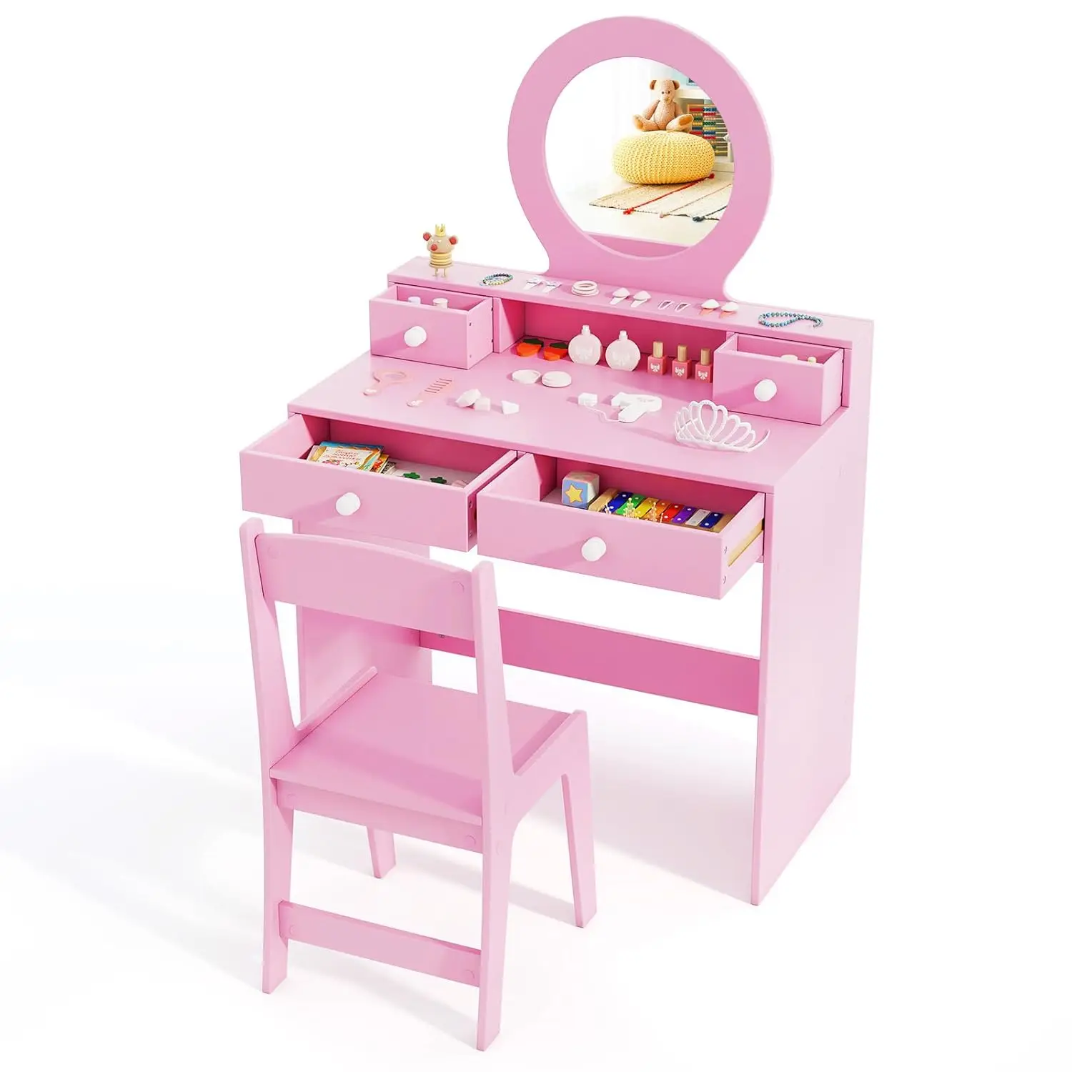 #Kids Vanity Mirror Stool Drawers Wooden Pretend Dressing Table Chair Pink Girls Toddler Room