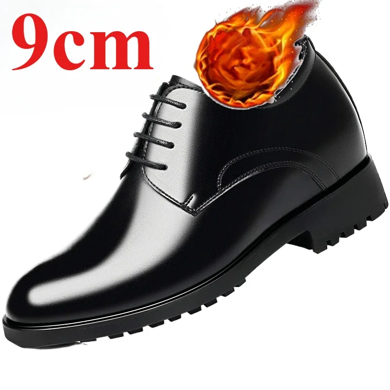 

Winter Short Plush Derby Shoes for Men's Invisible Elevator 9cm Height Increasing Formal Leather Shoes Banquet Wedding Shoes Man