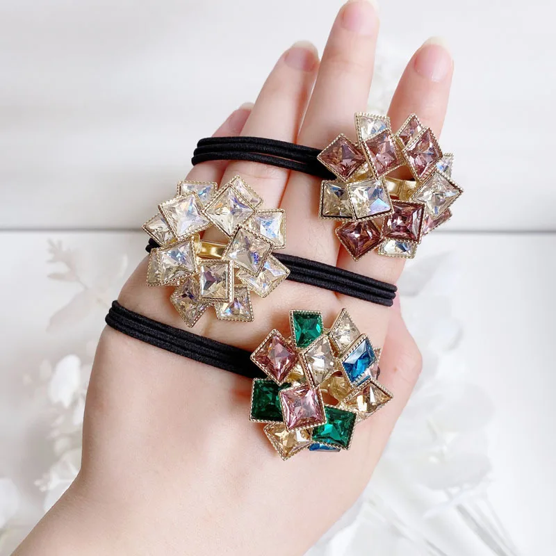 

Korean Rhinestone Elastic Hairbands Women's Hair Scrunchie Accessories 2022 Young Girls Bling Double Bangs Hairstyle Hairpin