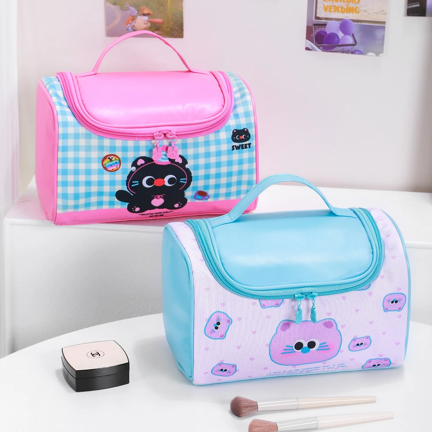 Customizable Cartoon Color Block Handheld Cosmetic Bag Large Capacity Portable Travel Cute Storage Wash & Skincare Organizer